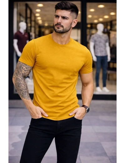 Erkek T-Shirt Bisiklet Yaka Slim Fit dar kesim Likralı Tişört Günlük Basic Body - Limon