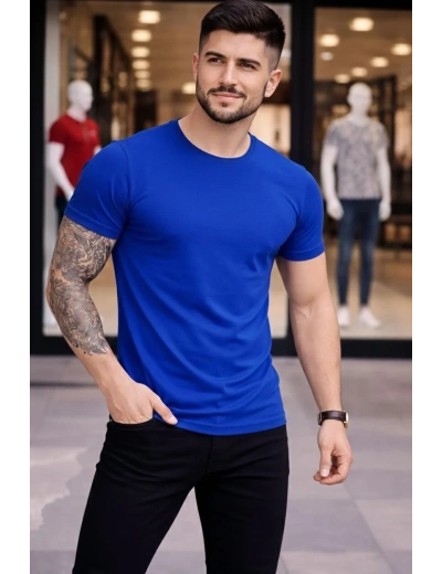 Erkek T-Shirt Bisiklet Yaka Slim Fit dar kesim Likralı Tişört Günlük Basic Body - Saks Mavisi