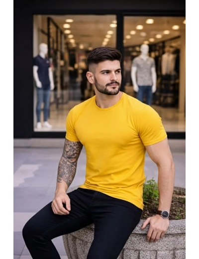 Erkek T-Shirt Bisiklet Yaka Slim Fit dar kesim Likralı Tişört Günlük Basic Body - Sarı