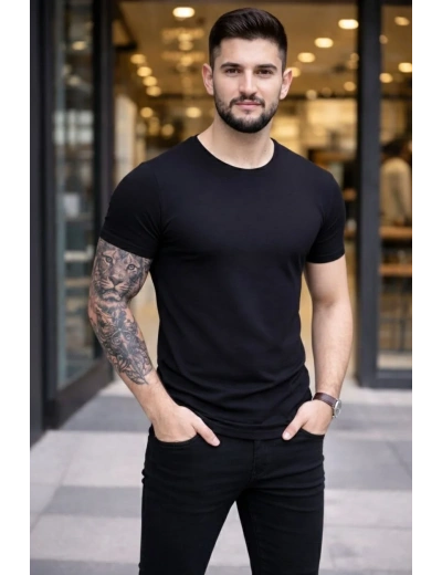 Erkek T-Shirt Bisiklet Yaka Slim Fit dar kesim Likralı Tişört Günlük Basic Body - Siyah