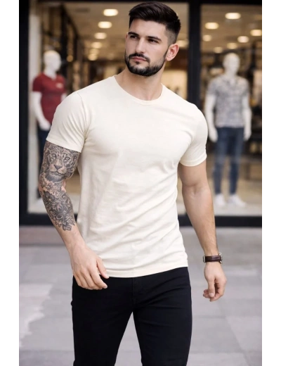 Erkek T-Shirt Bisiklet Yaka Slim Fit dar kesim Likralı Tişört Günlük Basic Body - Taş