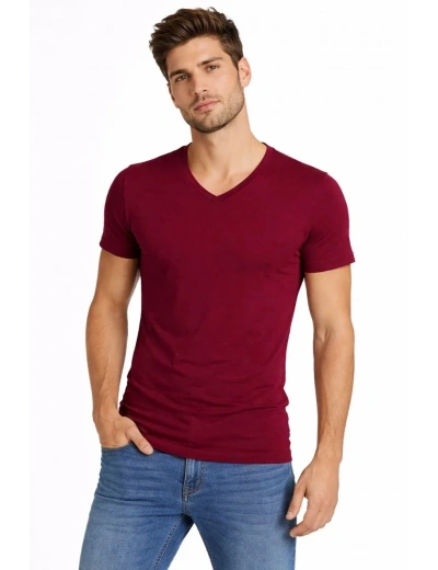 Erkek T-Shirt V Yaka Slim Fit dar kesim Likralı Tişört Günlük Basic Body - Bordo