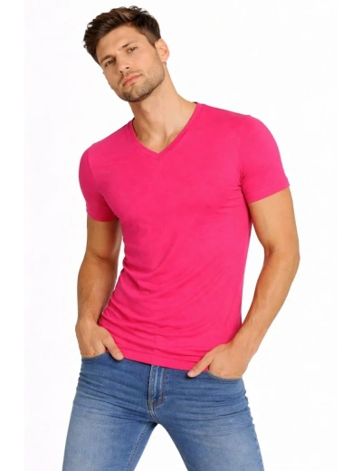 Erkek T-Shirt V Yaka Slim Fit dar kesim Likralı Tişört Günlük Basic Body - Pembe