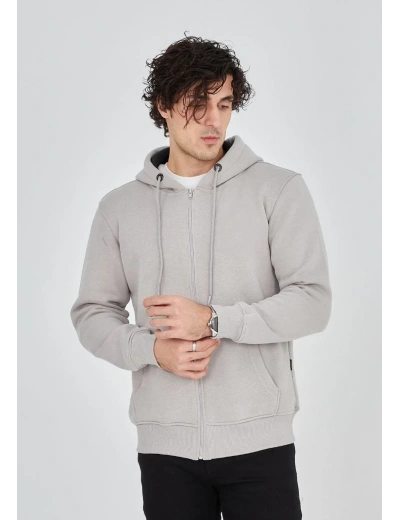 Erkek 3 İplik Pamuklu Kapüşonlu Tam Fermuarlı Cepli Hoodie Sweatshirt - Boyalı Gri