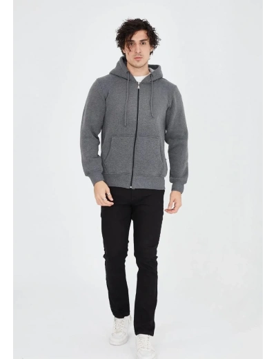 Erkek 3 İplik Pamuklu Kapüşonlu Tam Fermuarlı Cepli Hoodie Sweatshirt - Füme