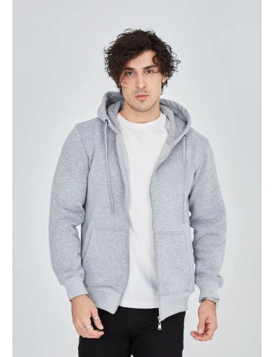 Erkek 3 İplik Pamuklu Kapüşonlu Tam Fermuarlı Cepli Hoodie Sweatshirt - Gri