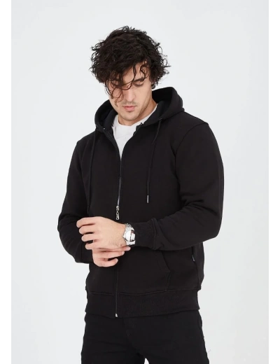 Erkek 3 İplik Pamuklu Kapüşonlu Tam Fermuarlı Cepli Hoodie Sweatshirt - Siyah