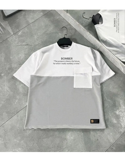 ERKEK Tişört Torba Cepli Parçalı Kısa Kol T-Shirt - Gri