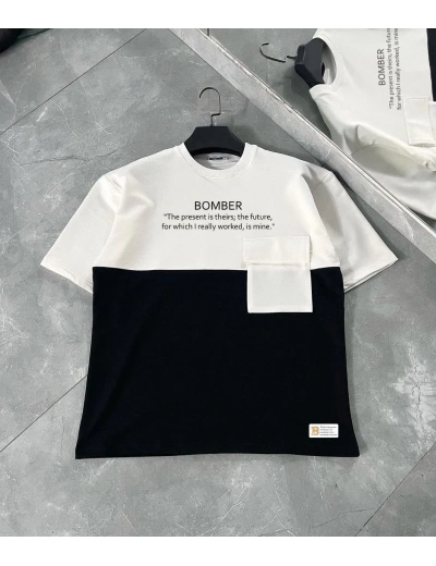 ERKEK Tişört Torba Cepli Parçalı Kısa Kol T-Shirt - iyah