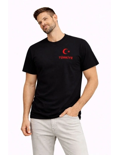 Erkek TÜRKİYE Ay Yıldız Baskılı Taraftar Forma T-Shirt - Siyah