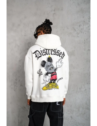 Erkek 3 İplik Pamuklu Kapüşonlu Baskılı Cepli Oversize Sweatshirt Hoodie - Beyaz