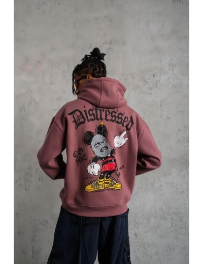 Erkek 3 İplik Pamuklu Kapüşonlu Kanguru Cepli Sweatshirt Hoodie - Gül Kurusu