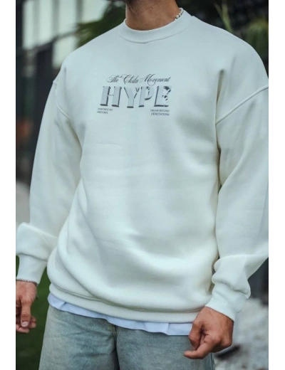 Erkek 3 İplik Pamuklu Bisiklet Yaka Baskılı SweatShirt - Beyaz
