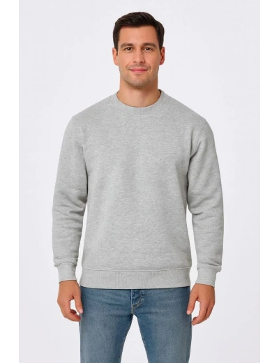 Erkek 3 İplik Pamuklu Düz Bisiklet Yaka SweatShirt - Gri