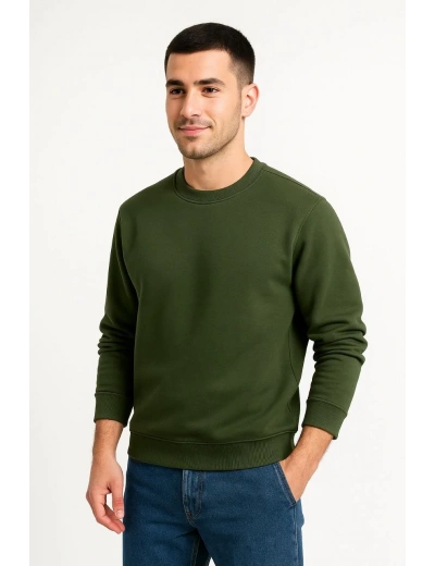Erkek Üç İplik Düz Bisiklet Yaka SweatShirt - Haki