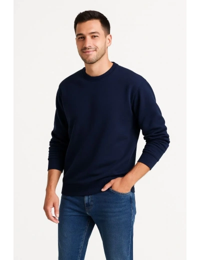 Erkek Üç İplik Düz Bisiklet Yaka SweatShirt - Lacivert