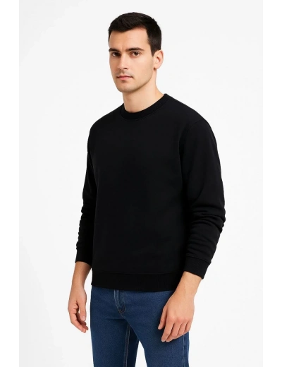 Erkek 3 İplik Pamuklu Düz Bisiklet Yaka SweatShirt - Siyah