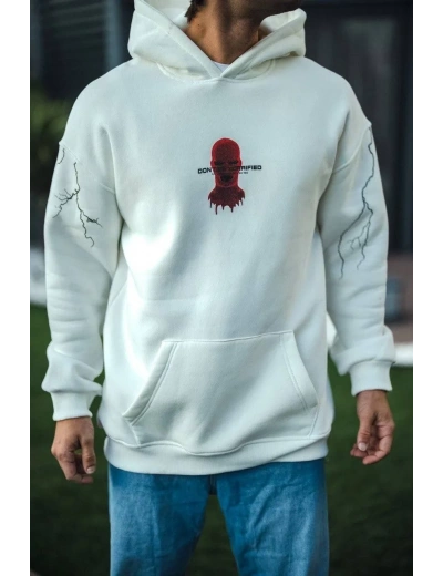 Erkek Kapüşonlu Kanguru Cepli Sweatshirt 3 İplik Pamuklu Baskılı Hoodie -  Beyaz