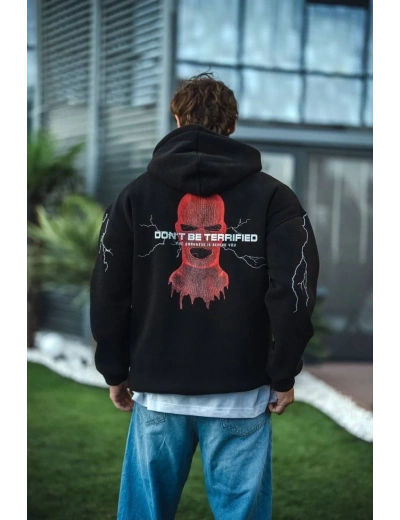 Erkek Kapüşonlu Kanguru Cepli Sweatshirt 3 İplik Pamuklu Baskılı Hoodie -  Siyah