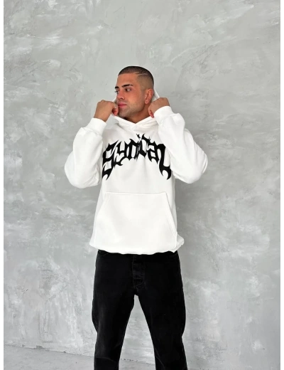 Erkek 3 İplik Pamuklu Kapüşonlu Baskılı Cepli Oversize Sweatshirt Hoodie - Beyaz