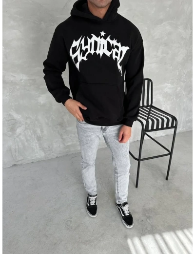 Erkek 3 İplik Pamuklu Kapüşonlu Baskılı Cepli Oversize Sweatshirt Hoodie - Siyah