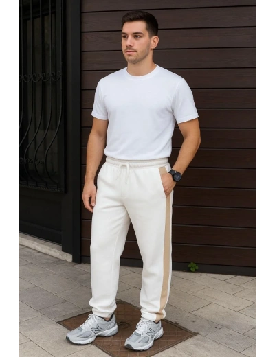 Erkek Üç İplik Kışlık Pamuklu Yandan Garneli Kalın Bej Şeritli Cepli Eşofman Altı - Beyaz