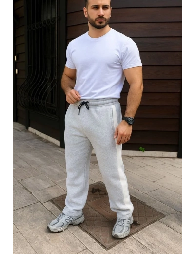 Erkek Üç İplik Kışlık Pamuklu Yandan Garneli Kalın Bej Şeritli Cepli Eşofman Altı - Gri