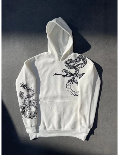Erkek 3 İplik Pamuklu Kapüşonlu Baskılı Cepli Oversize Sweatshirt Hoodie - Beyaz