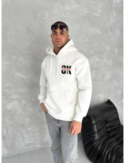 Erkek Kapüşonlu Kanguru Cepli Sweatshirt 3 İplik Pamuklu Baskılı Hoodie - Beyaz