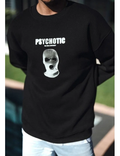 Erkek 3 iplik pamuklu Kışlık Bisiklet Yaka Baskılı SweatShirt - Siyah