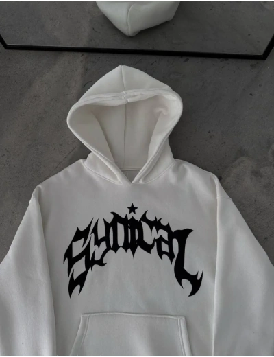 Erkek Kapüşonlu Kanguru Cepli Sweatshirt 3 İplik Pamuklu Baskılı Hoodie - Beyaz