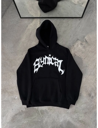 Erkek Kapüşonlu Kanguru Cepli Sweatshirt 3 İplik Pamuklu Baskılı Hoodie - Siyah