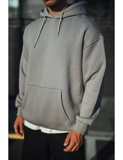 Erkek 3 İplik Penye Kapüşonlu Basic SweatShirt Hoodie - Boyalı Gri