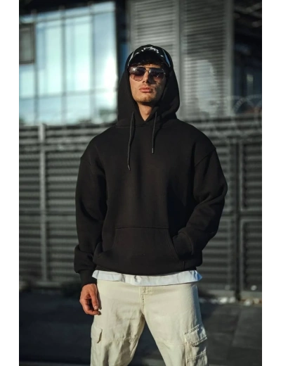 Erkek 3 İplik Pamuklu Kapüşonlu Basic SweatShirt Hoodie - Siyah