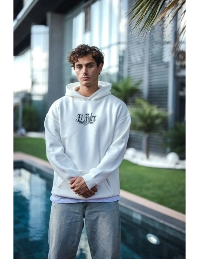 Erkek Kapüşonlu Kanguru Cepli Sweatshirt 3 İplik Pamuklu Baskılı Hoodie - Beyaz