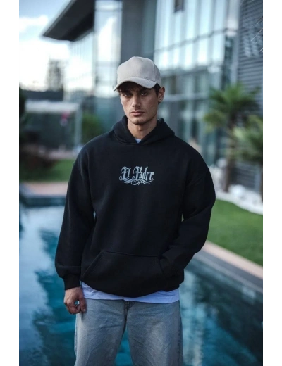 Erkek 3 İplik Pamuklu Kapüşonlu Baskılı Cepli Oversize Sweatshirt Hoodie - Siyah