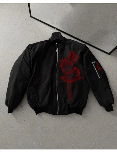 Erkek Siyah Bomber Mont – Kırmızı Ejderha Desenli, Fermuarlı Cepli, Kapitone Astarlı Günlük ve Sokak Modası Ceket - Siyah