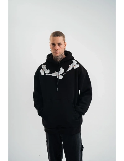 Erkek 3 İplik Pamuklu Kapüşonlu Baskılı Cepli Oversize Sweatshirt Hoodie - Siyah