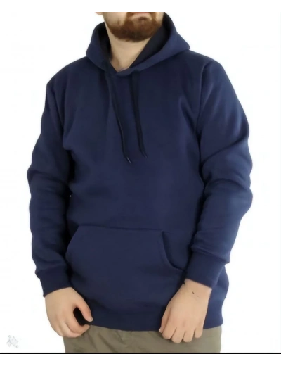 Erkek 3 İplik Pamuklu Kapüşonlu Cepli Oversize Hoodie Sweatshirt - Lacivert