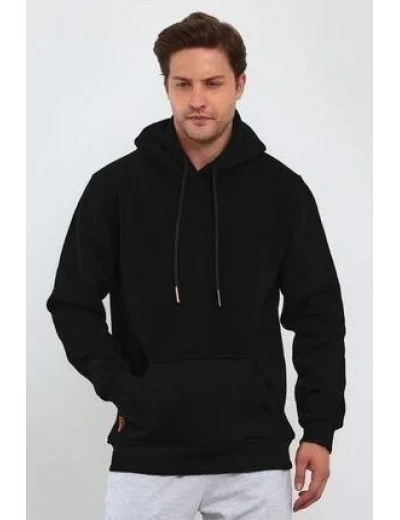 Erkek 3 İplik Pamuklu Kapüşonlu Cepli Oversize Hoodie Sweatshirt - Siyah