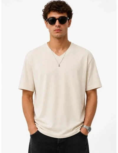 Erkek V Yaka Basic Tişört Kısa Kol Yazlık Regular Fit T-Shirt - Bej