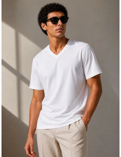 Erkek V Yaka Basic Tişört Kısa Kol Yazlık Regular Fit T-Shirt - Beyaz