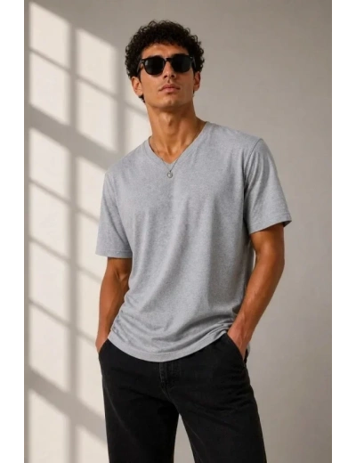 Erkek V Yaka Basic Tişört Kısa Kol Yazlık Regular Fit T-Shirt - Gri