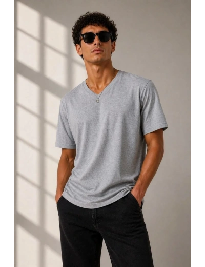 Erkek V Yaka Basic Tişört Kısa Kol Yazlık Regular Fit T-Shirt - Gri