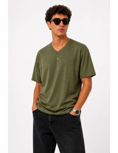 Erkek V Yaka Basic Tişört Kısa Kol Yazlık Regular Fit T-Shirt - Haki