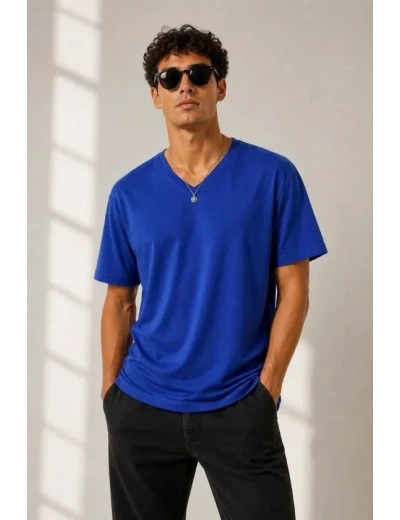 Erkek V Yaka Basic Tişört Kısa Kol Yazlık Regular Fit T-Shirt - Saks Mavisi