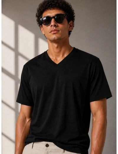Erkek V Yaka Basic Tişört Kısa Kol Yazlık Regular Fit T-Shirt - Siyah
