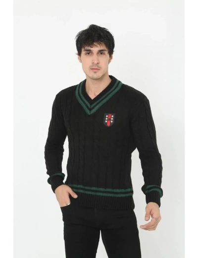 Erkek V Yaka Örgülü Kazak - Siyah