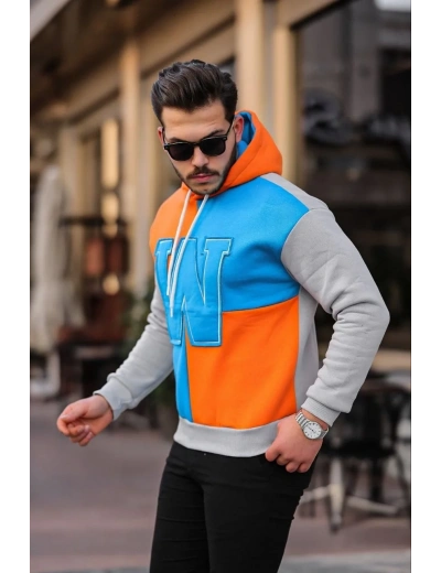 Erkek W Nakış İşlemeli Kapüşonlu Sweatshirt - Mavi