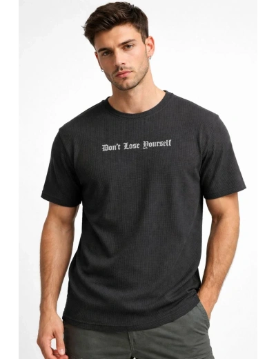 Erkek Wafıl Kumaş Tişört Regular Kalıp Bisiklet Yaka Baskılı T-Shirt - Siyah